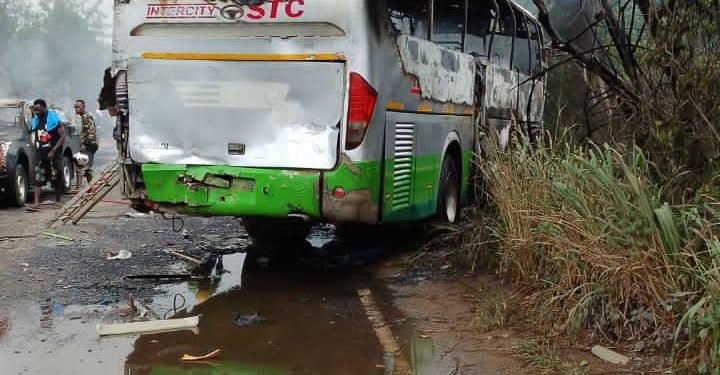 Update: Two killed, four injured as STC bus burns in fiery Etukrom crash